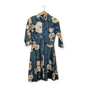 Peony Teal Floral Flowy Button Up Dress